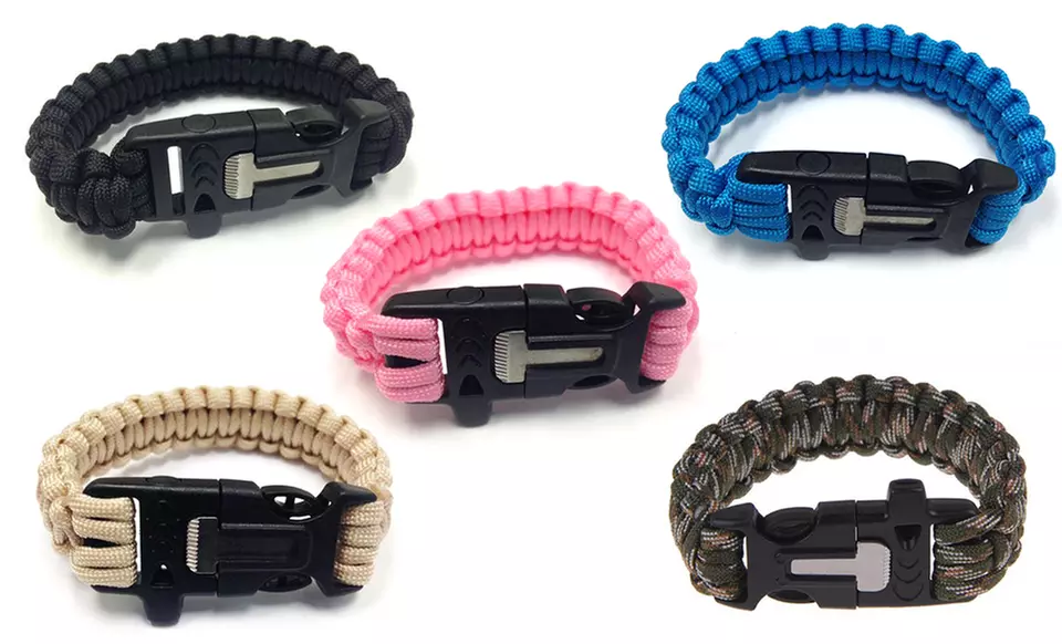 Paracord Survival Bracelet with Flint Scraper, Whistle, and Cutting Tool - Primary Image