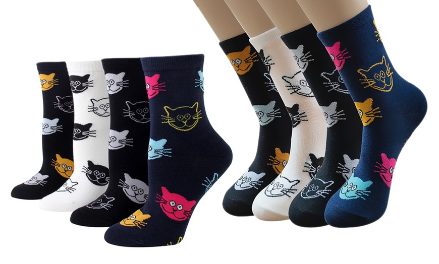 Image 1: 1, 4 oder 8 Paar Socken mit Katzen-Motiv