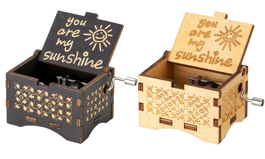 Image 2: Wooden Music Box Hand Crank Engraved Vintage Toy Kids Gift-You Are My Sunshine
