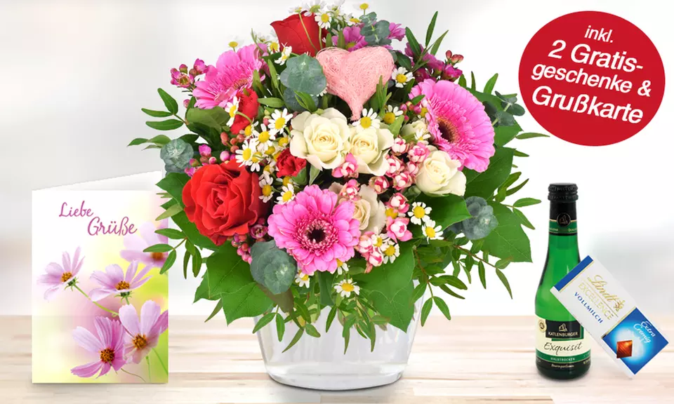 Blumenstrauß oder Blumen-Gesteck mit Schokolade, Piccolo und Grußkarte