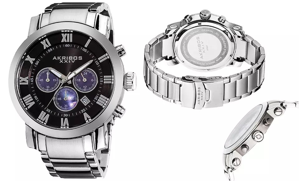 Akribos XXIV Men's Chronograph Watch in Black, Black/Silver, or Silver. Free Returns. - Second Medium