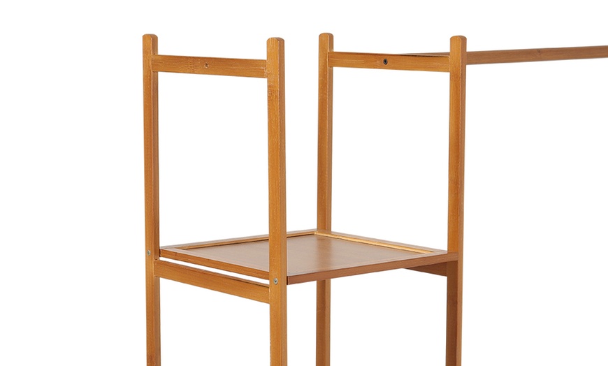 Image 8: Freestanding Bamboo Clothes Rack with Shelves for Storage