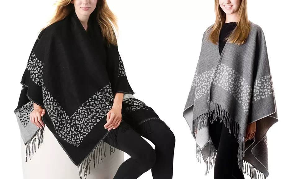 Women's Leopard-Print Cape with Fringe - Primary Image