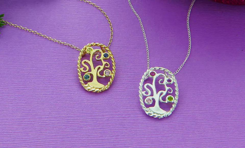 Sterling Silver Family-Tree Necklace with Custom Birthstones from Monogram Online. Multiple Styles from $29.99–$34.99. - Primary Image