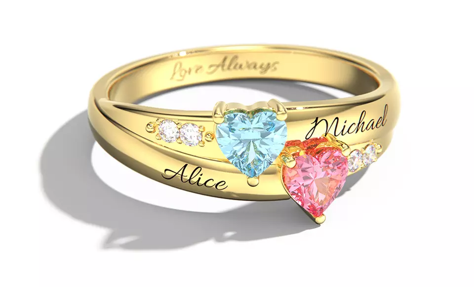 Personalized 10K Solid Gold Double Heart Gemstone Ring with Accents and Free Shipping from Jewlr (49% Off) - Primary Image