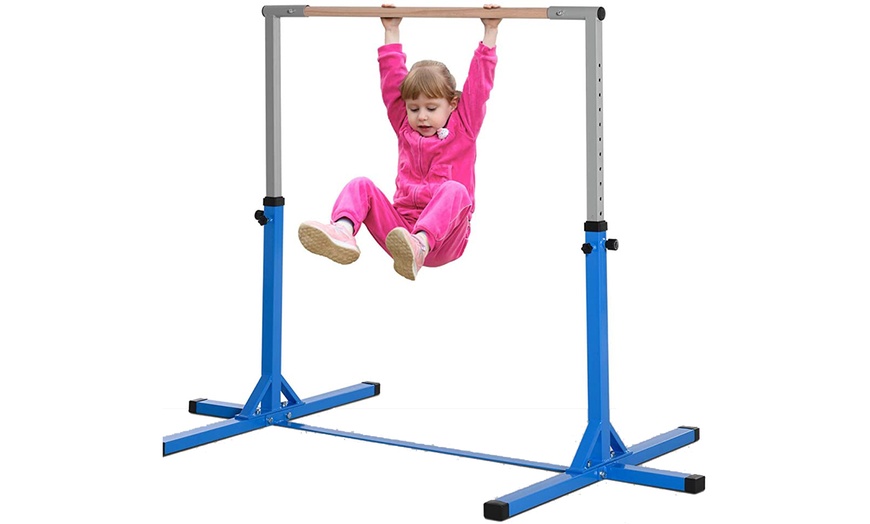 Image 6: HomCom Height Adjustable Horizontal Gymnastic Bar for Kids