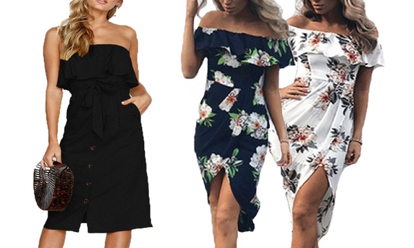 midi off the shoulder cocktail dress