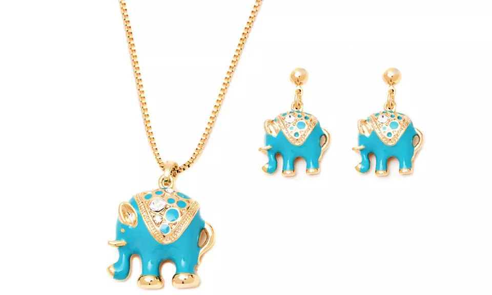 Enamel Elephant Necklace and Earrings Sets with Swarovski Elements - Second Medium