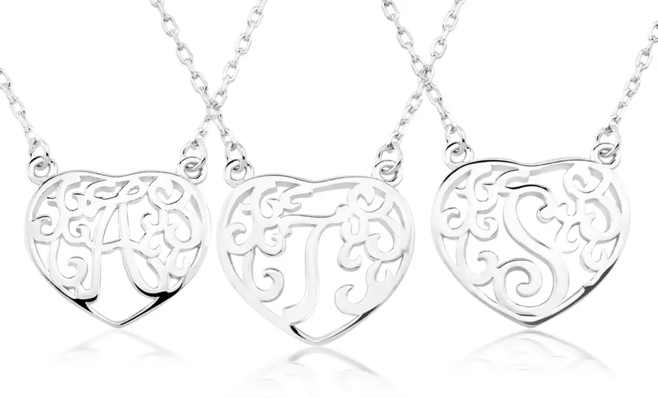 Platinum-Finish Sterling Silver Heart-Shaped Initial Monogram Pendant Necklace. Letters A–Z Available. Free Returns. - Primary Image