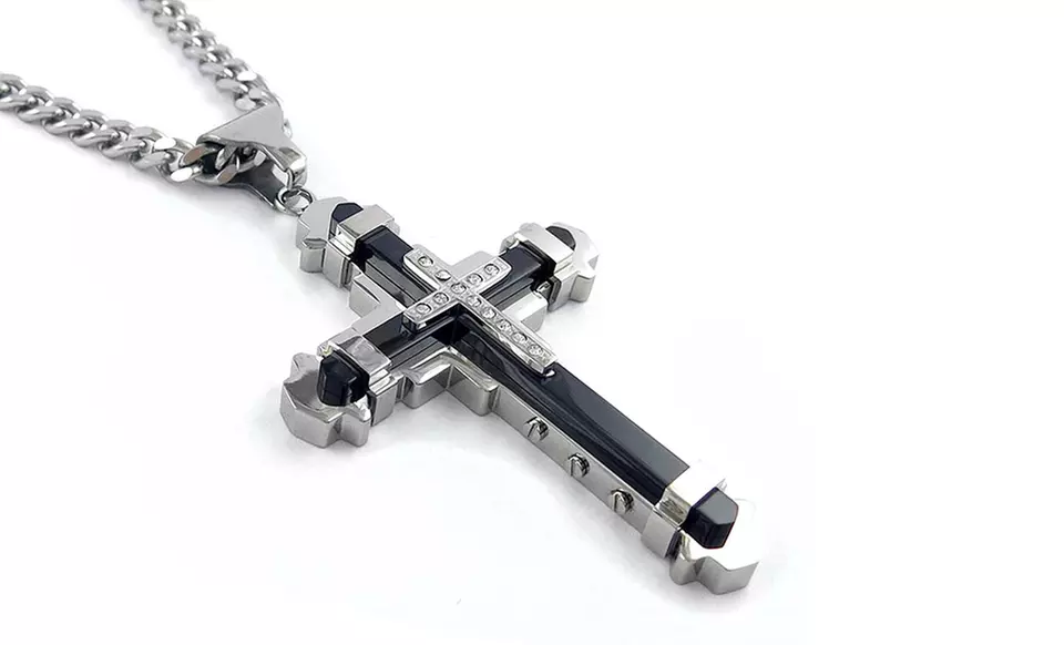 Ion Plated Stainless Steel Cross Pendant with Round Cubic Zirconia Stones - Primary Image