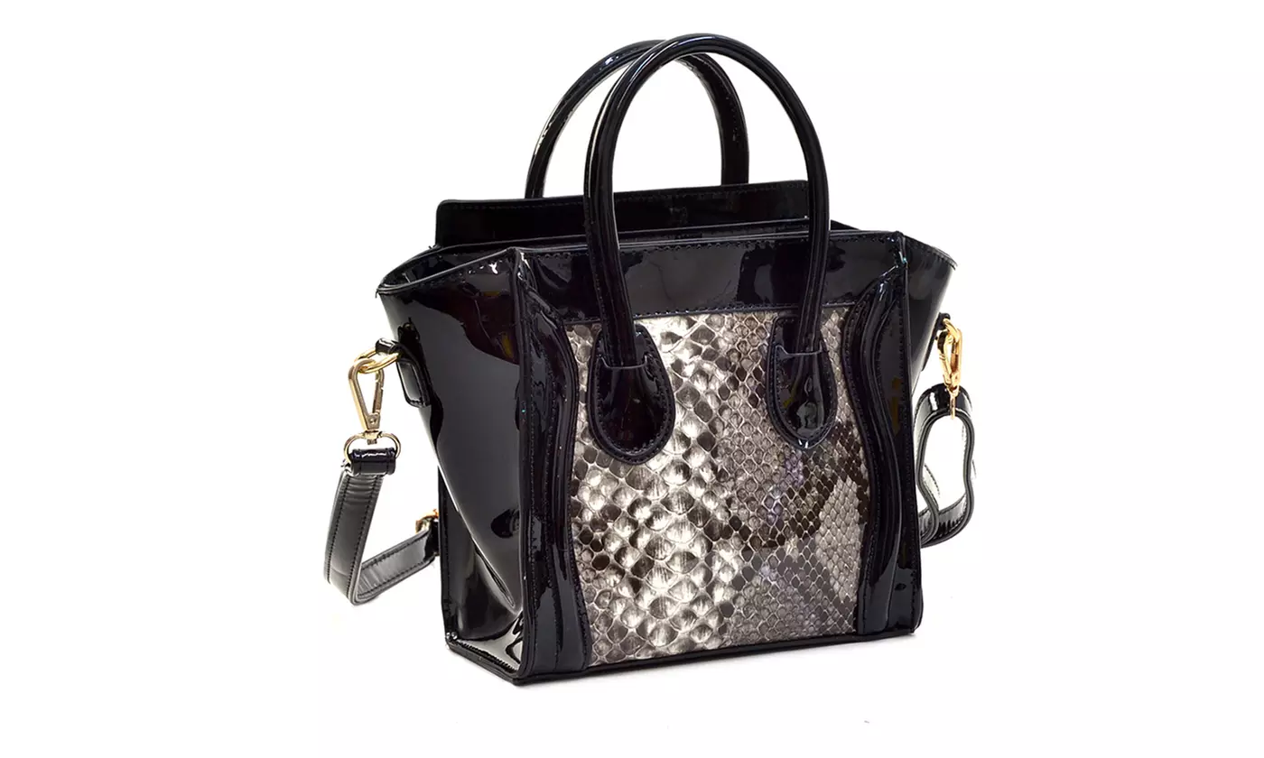Women's Mini Patent-Leather Snakeskin-Style Satchel - Second Medium