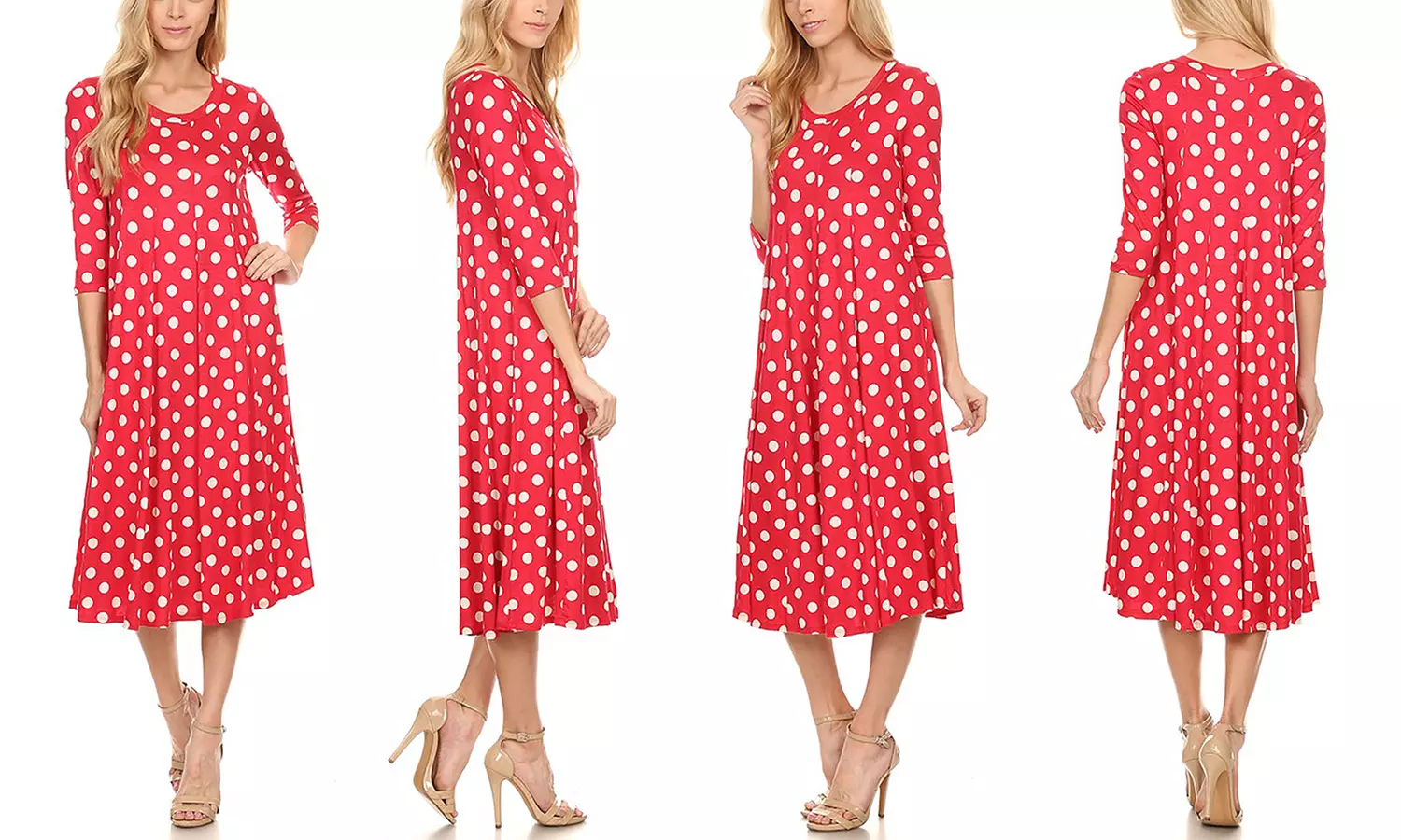 MOA Collection Women's Large Polka-Dot Print 3/4 Sleeve A-Line Midi Dress. Plus Sizes Available. - Second Medium