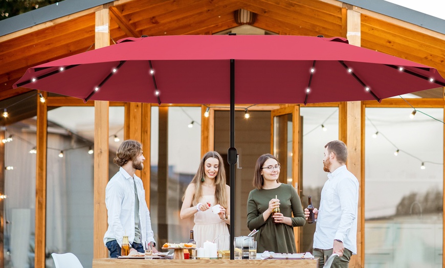 Image 1: Outsunny Double-Sided Parasol, Wine Red with Solar LED Lights