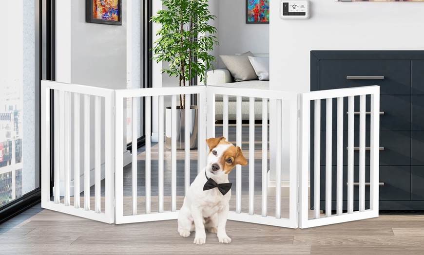 Petmaker Freestanding Pet Gate With 4 Wooden Folding Panels | Groupon