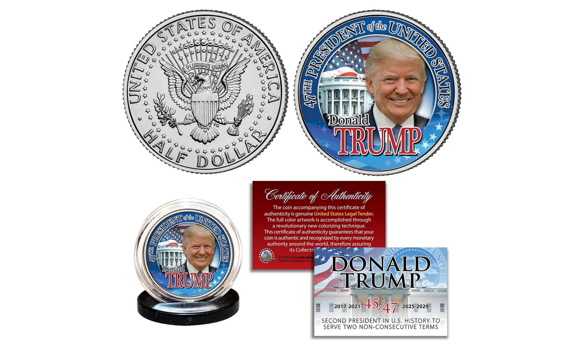 DONALD TRUMP 47th PRESIDENT Colorized Authentic JFK Kennedy Half Dollar Coin COA