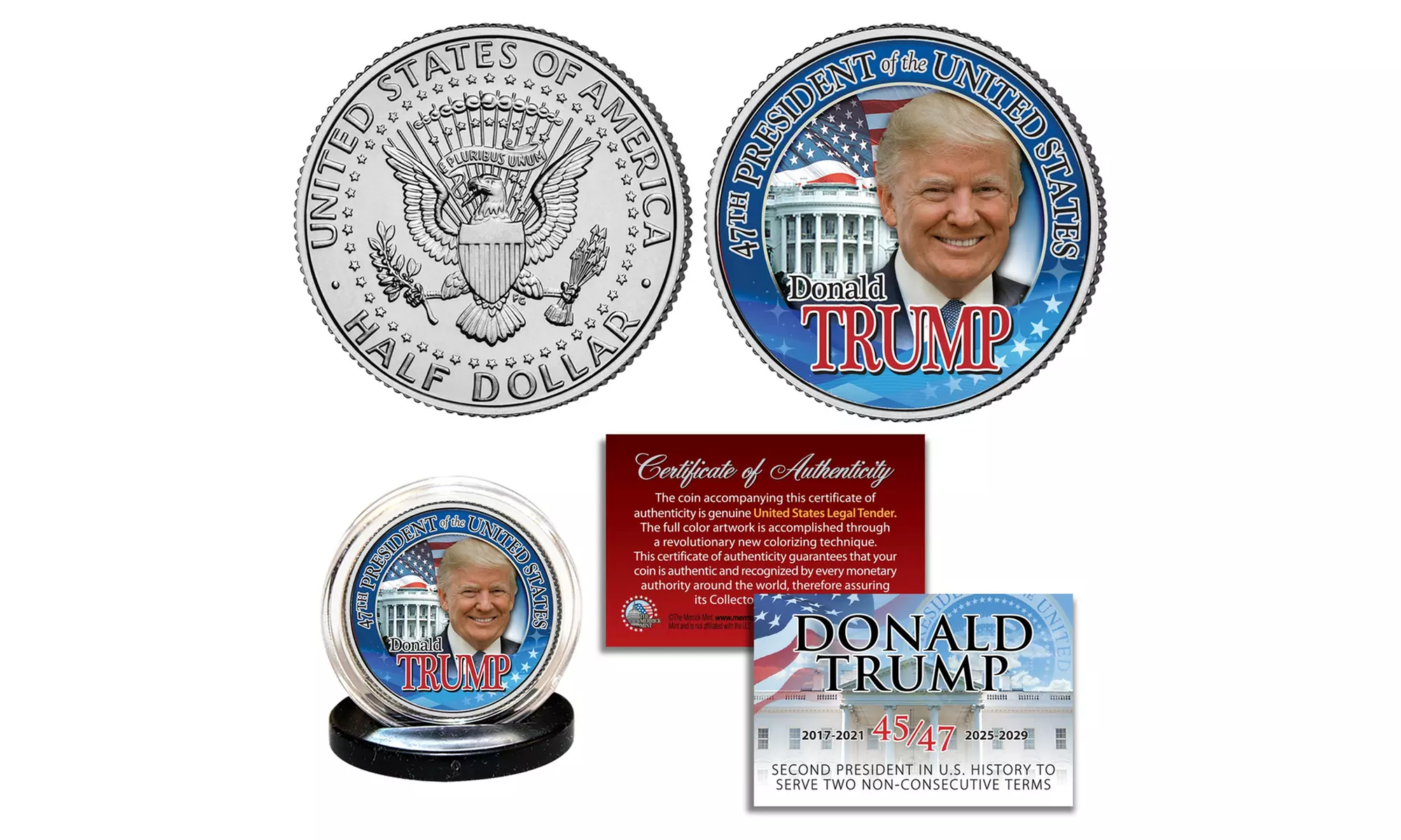 DONALD TRUMP 47th PRESIDENT Colorized Authentic JFK Kennedy Half Dollar Coin COA - Primary Image