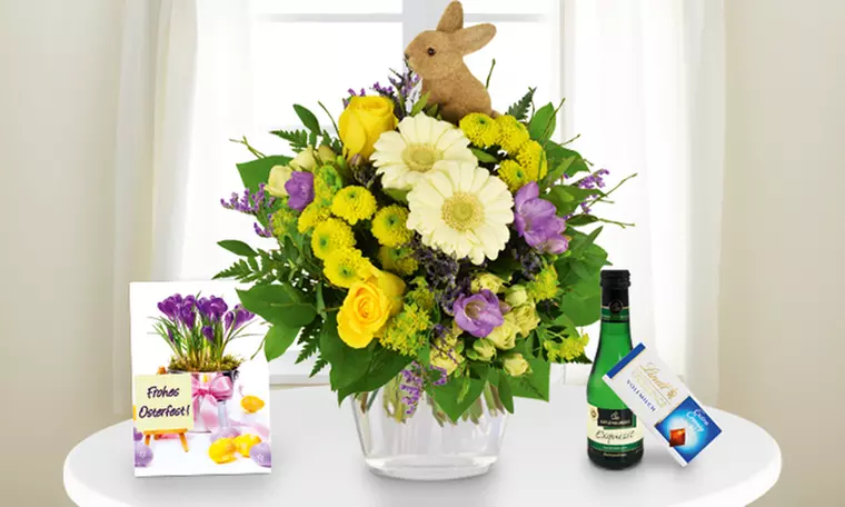 Oster-Blumenstrauß mit Grußkarte, Lindt Schokolade und Piccolo Perlwein (40% sparen*) - Primary Image