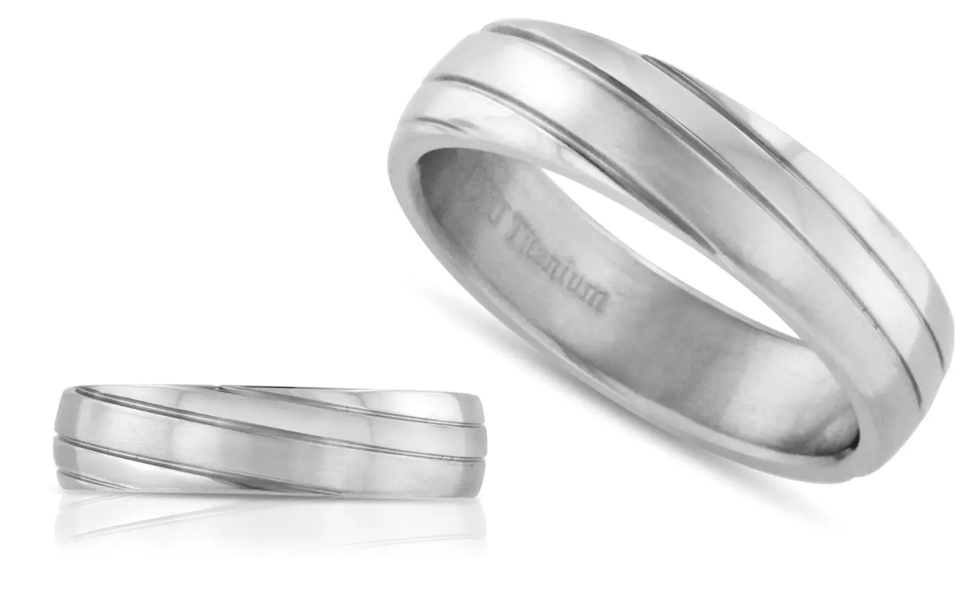 Brushed Titanium Men's Rings with Grooved Design - Primary Image