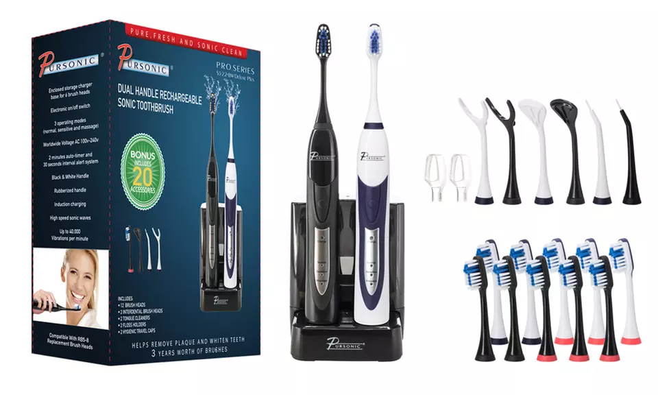 Pursonic Dual-Handle Sonic Toothbrush with 12 Brush Heads - Second Medium