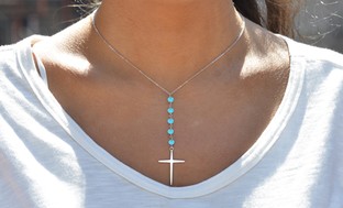 2.00 CTTW Genuine Turquoise Beaded Cross Necklace in Sterling Silver