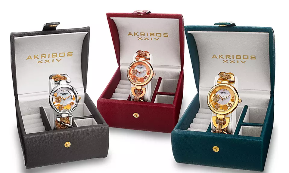 Akribos XXIV Women's Crystal Mesh Twist Chain Link Bracelet Watch with Jewelry Box - Primary Image