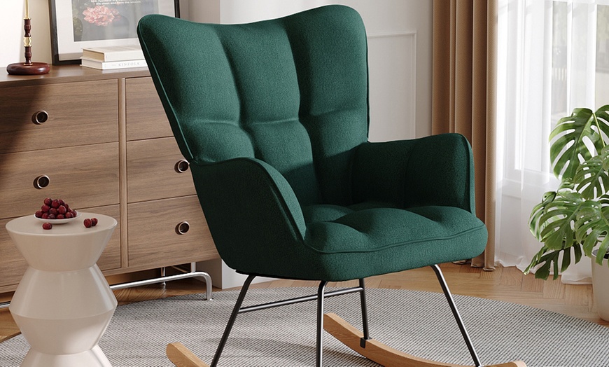 Image 1: Green Tufted Upholstered Rocking Chair