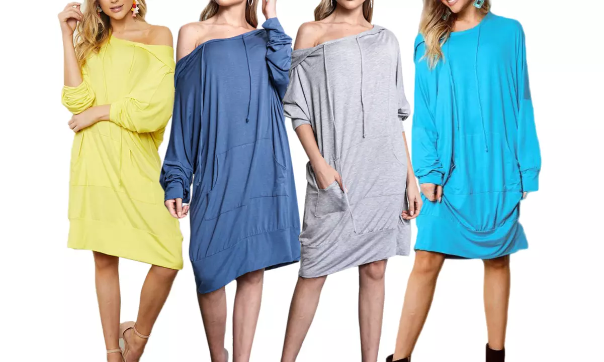 Women's Solid Oversized Hooded Dress with Pockets. Plus Sizes Available. - Primary Image