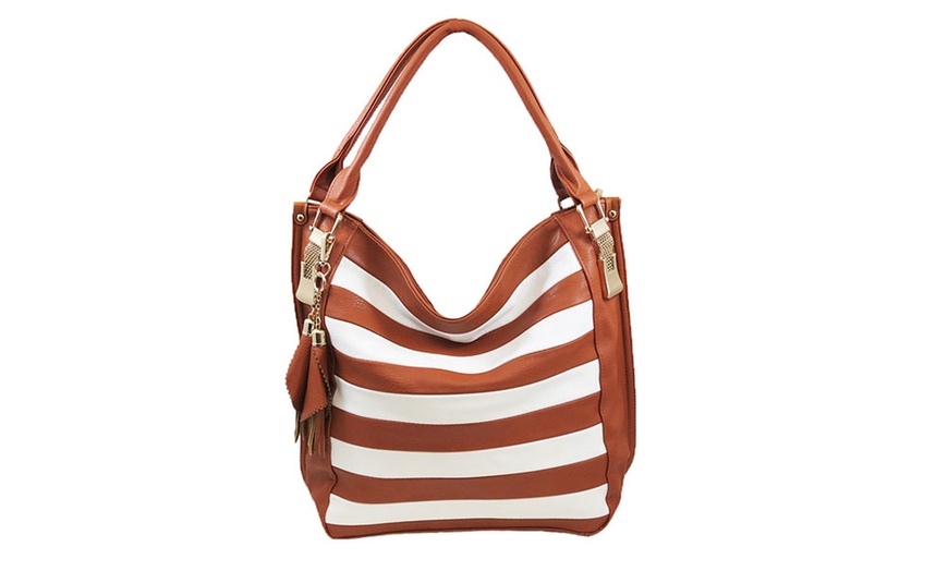 Image 4: Leather-Look Striped Hobo Handbag