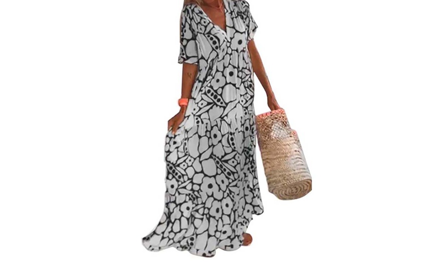 Image 8: Printed Short Sleeve V Neck Long Dress