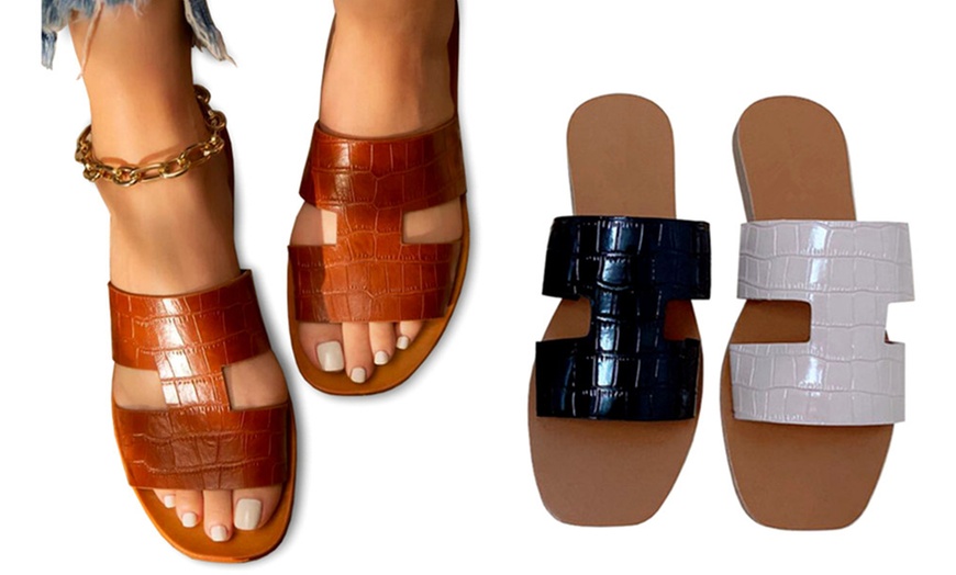 Image 1: Faux Leather Double Strap Slider Sandals