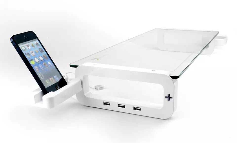White AccessoryGeeks U-Board Monitor Riser Stand with 3 USB Ports and Cup Holder. Free Returns. - Primary Image