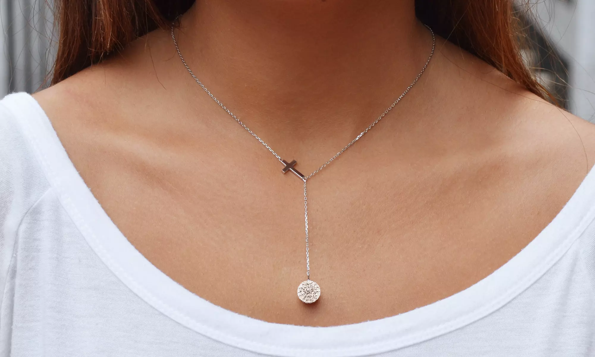 Swarovski Element Cross Y Necklace in Sterling Silver - Primary Image