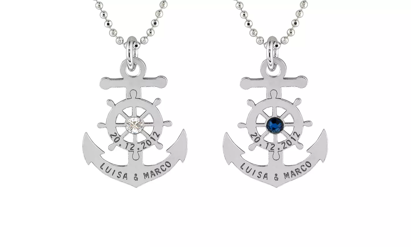 Engraved Anchor Necklace in Sterling Silver with Swarovski Elements from SilvexCraft Design - Second Medium