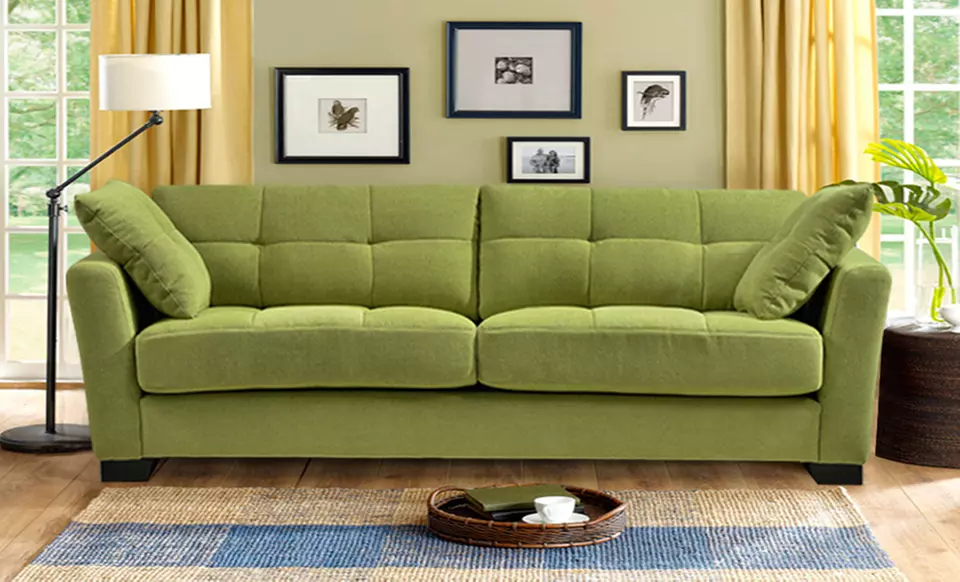 Regent 90" Tufted Microfiber Sofa with 2 Throw Pillows in Apple Green or Chocolate Brown - Primary Image