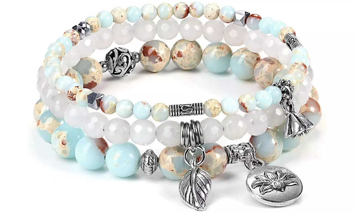 1x oder 2x 3er-Set Schmuckstein-Armbänder mit Blatt-Anhängern