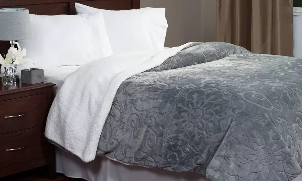 Lavish Home Floral Etched Fleece Blankets with Sherpa Backing - Primary Image