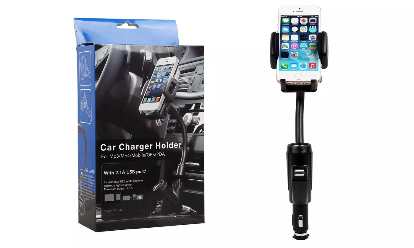 Dual USB Car Charger Phone Mount with Cigarette Lighter Socket - Primary Image
