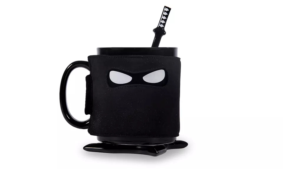 Ninja Mug with a Sword Spoon, Shuriken Coaster, and Mask Cozy - Primary Image