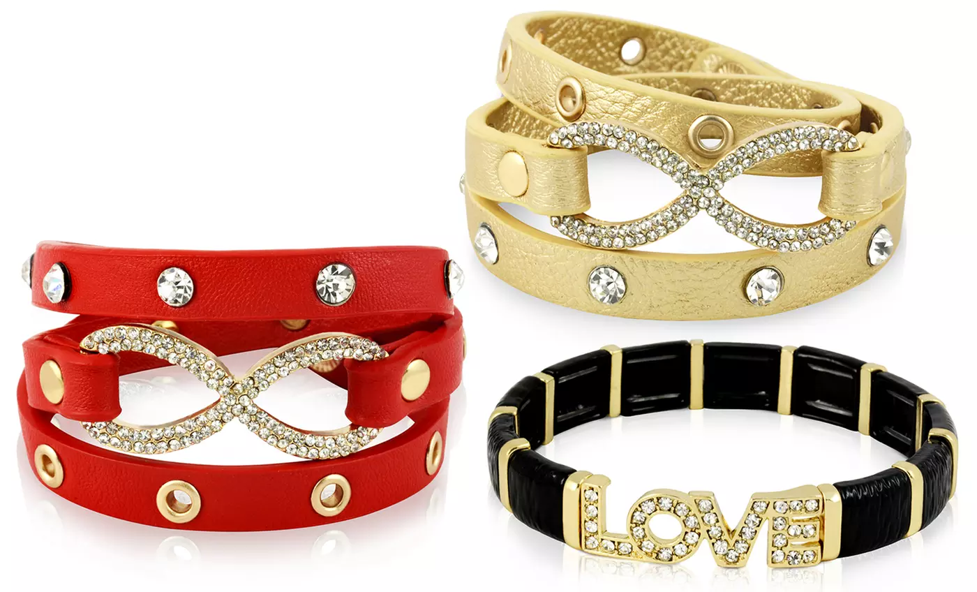 Austrian Crystal and Leather Wrap Infinity Charm Bracelet or Stretch Love Charm Bracelet - Primary Image