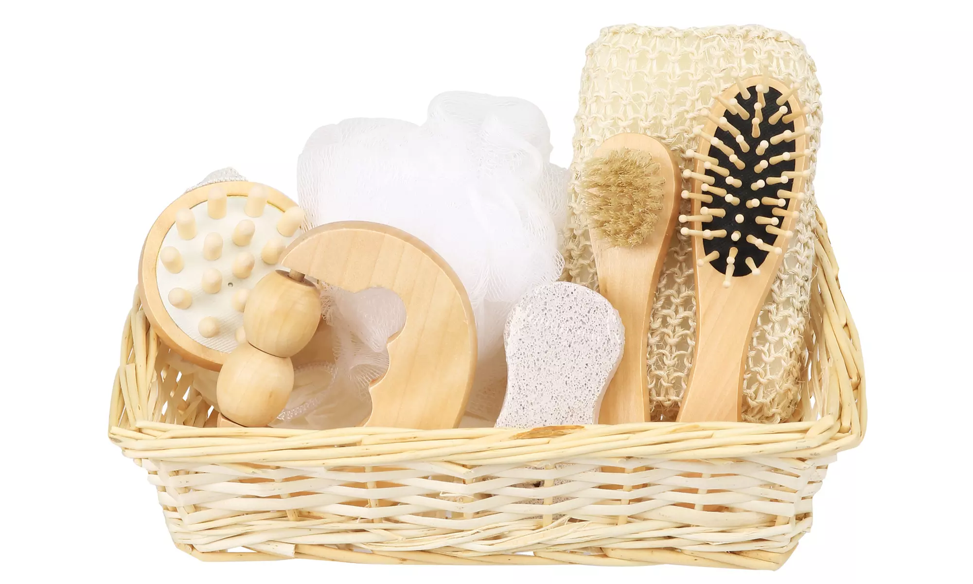 Deluxe Spa Basket with Pumice Stone, Head and Body Massagers, Nail and Hair Brushes, Mesh Sponge, and Sisal Pad - Primary Image