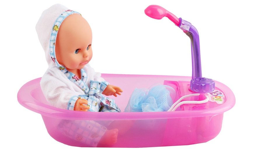 Image 4: 13'' Bath Time Baby Play Set with Working Shower Spray and Accessories