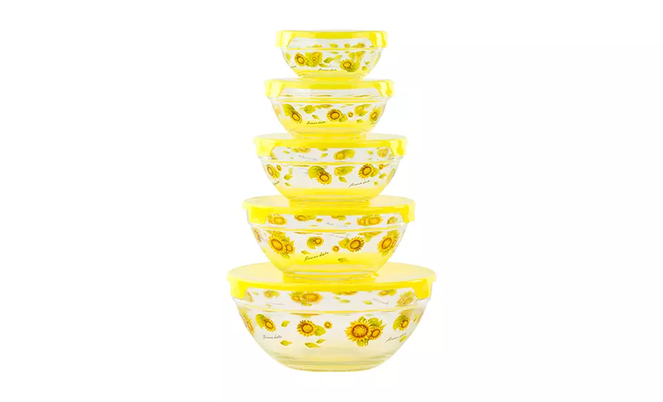 Set of 5 Printed Glass Bowls with Lids - Second Medium