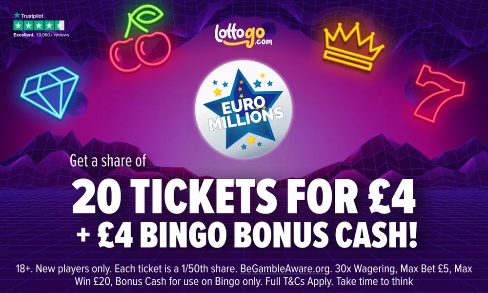 Get a share of 20 Euro Millions Tickets for £4* + £4 Bingo Bonus Cash - Primary Image