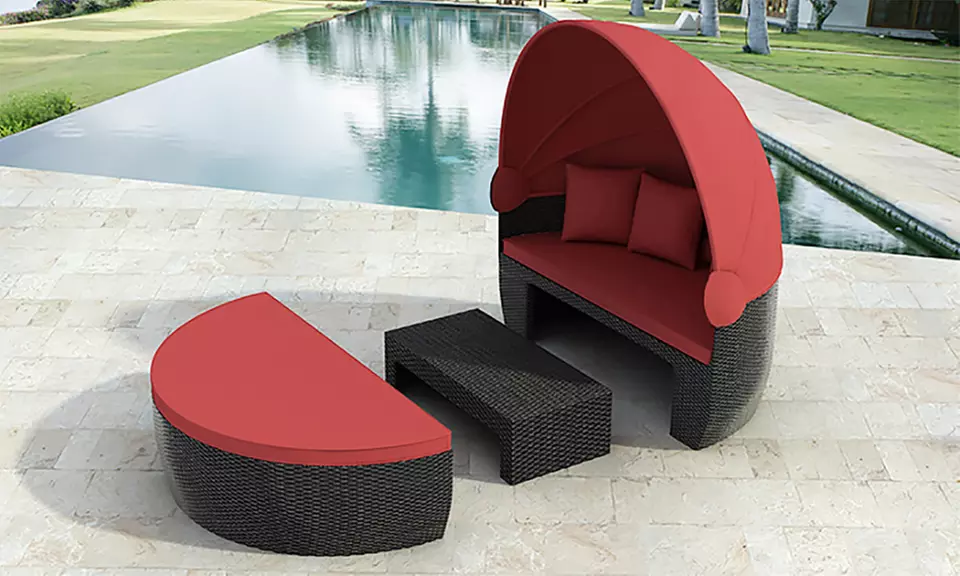 Alu Polyrattan Garteninsel in edler Optik wetterbeständig dicken Sitzkissen in Schwarz-Rot, inkl. Versand - Primary Image