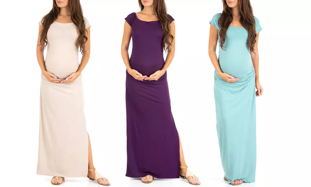 Women's Ruched Maxi Maternity Dress with Side Slits - Primary Image