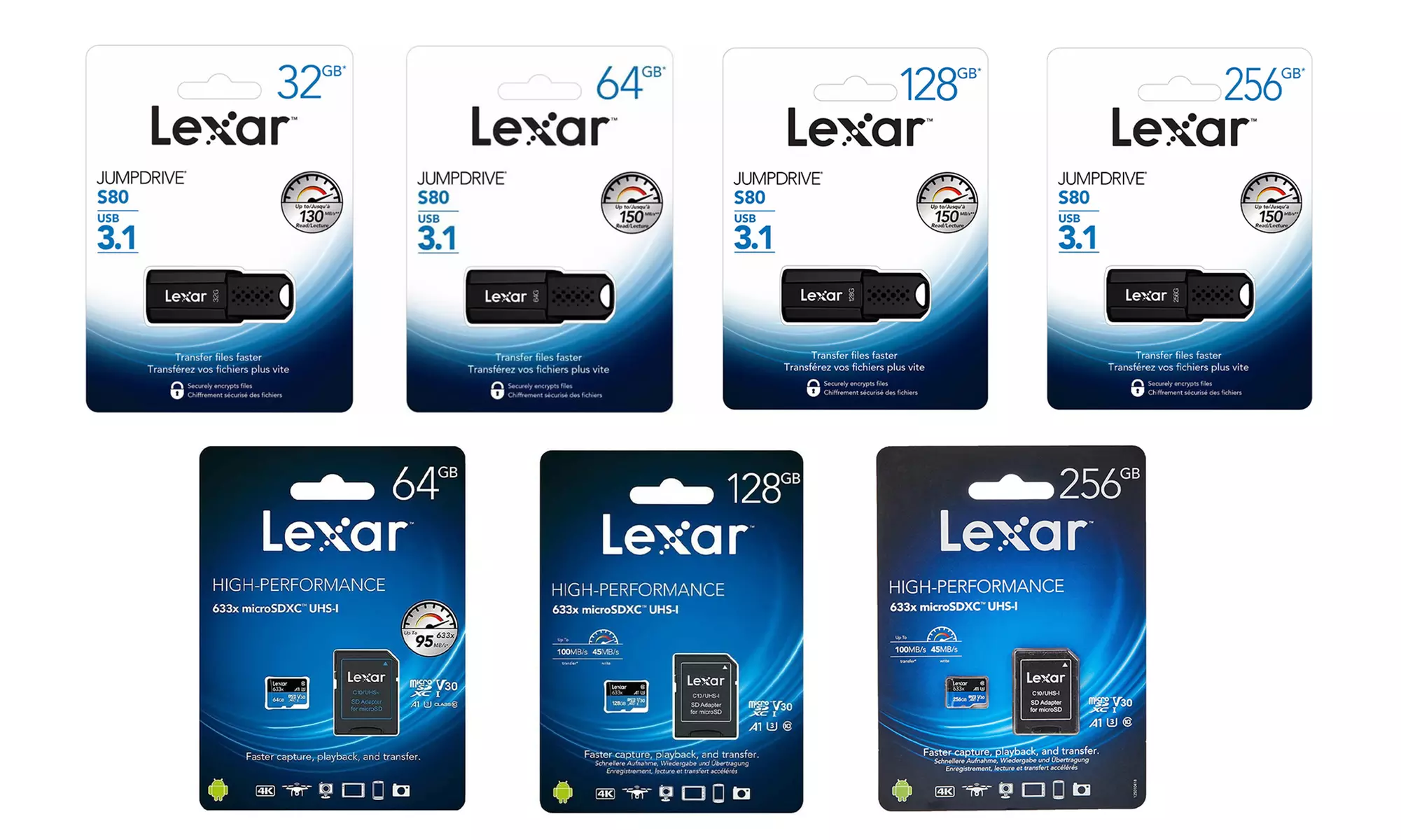 32GB, 64GB, 128GB or 256GB Lexar JumpDrive S80 USB 3.1 Flash Drive or MicroSDXC Memory Card - Primary Image