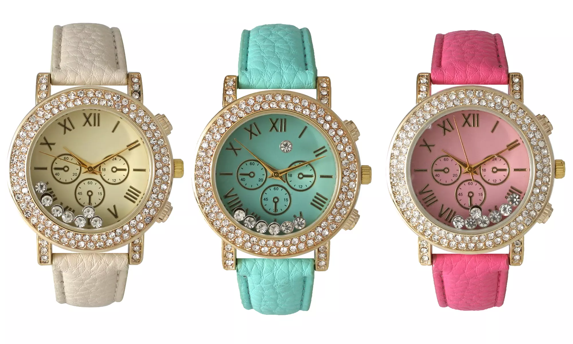Women's Free-Floating Crystal Watch with Leather Strap - Primary Image