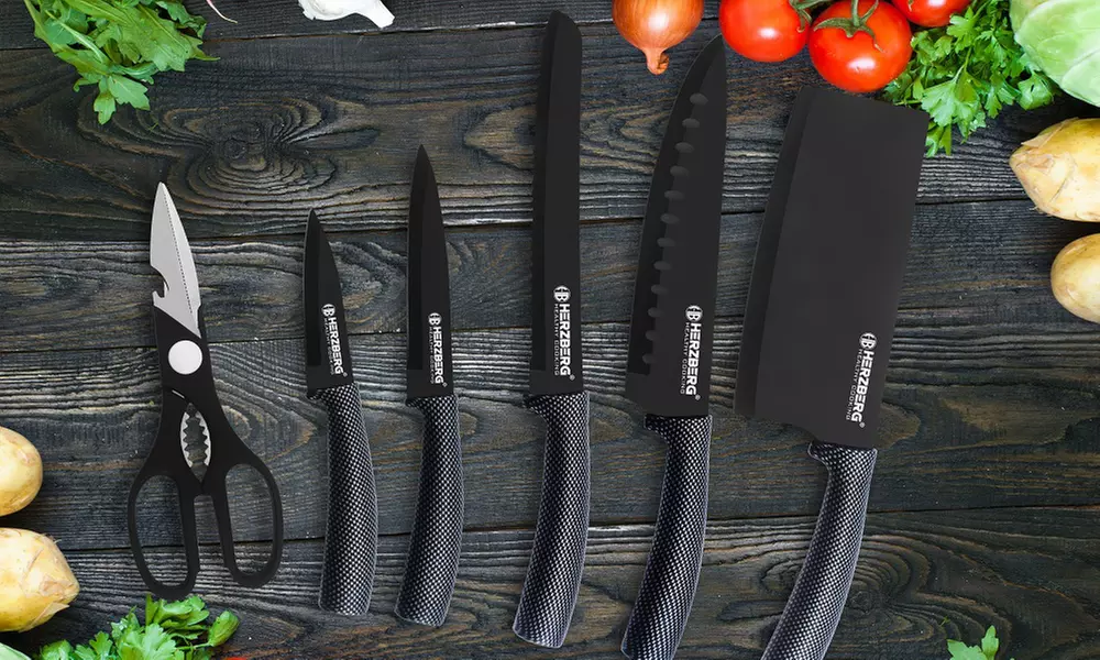 Ensemble 8 pièces avec couteaux, aiguiseur, ciseaux et support