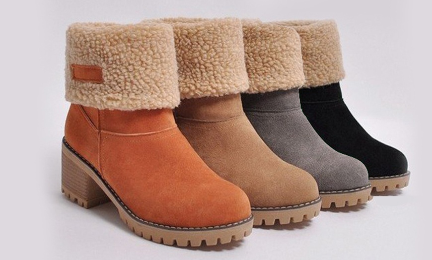 Image 1: Women's Faux Suede Fold-Over Block Heeled Boots