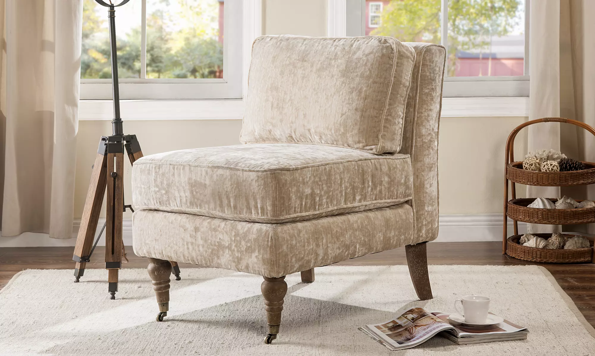 Gandhi Modern Armless Velvet Accent Chair with Solid-Oak Castor Legs - Primary Image
